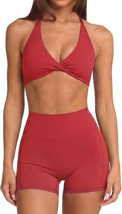 SUUKSESS Women 2 Piece Workout Sets Twist V Neck Sports Bra Yoga Gym Biker Short | Amazon (US)