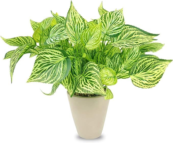 Hisow Artificial Potted Plants, 13" Faux Green Leaves Fake Plant with Natural Stone and Cement Po... | Amazon (US)