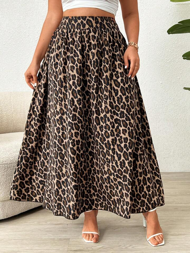 SHEIN VCAY Plus Size Leopard Print A-Line Skirt | SHEIN