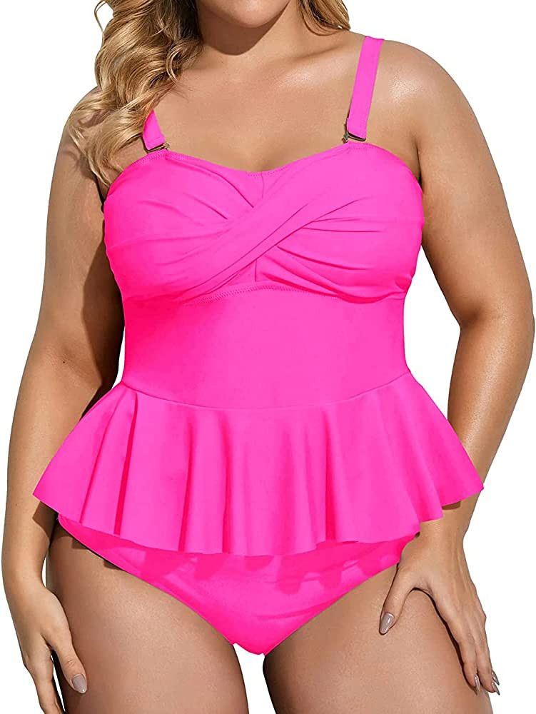 Daci Women Two Piece Plus Size Swimsuit with Bottom Peplum Tankini High Waisted Tummy Control Bat... | Amazon (US)