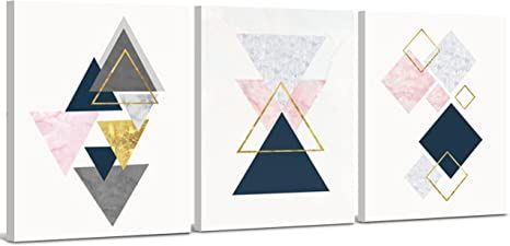 Pink Abstract Wall Art Decor - 3 Piece Set, Decorative Framed Geometric Pink & Gold Abstract Canv... | Amazon (US)