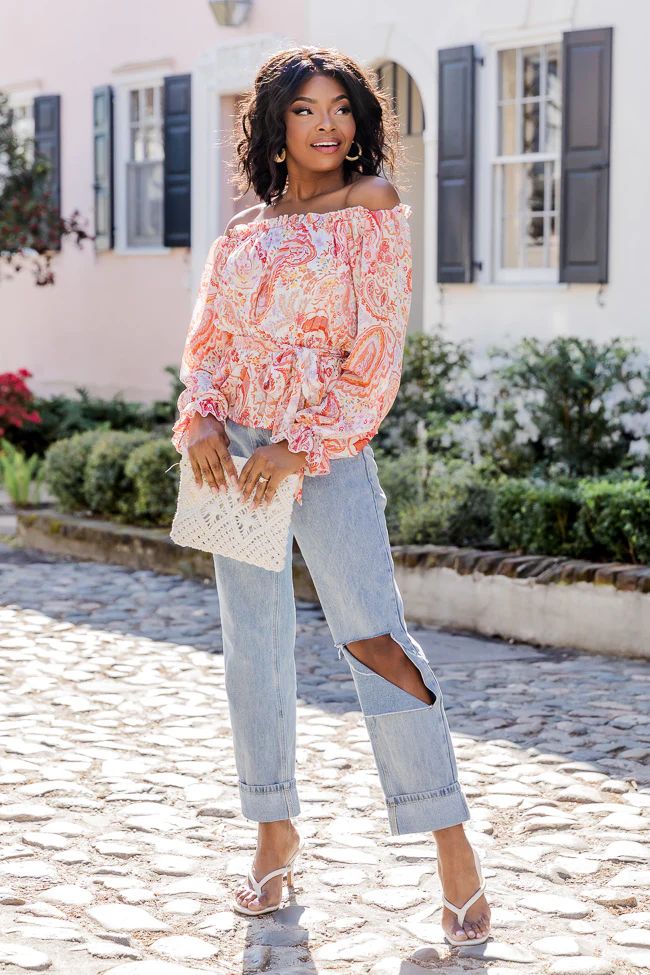 Off The Path Orange Paisley Off The Shoulder Belted Blouse | Pink Lily