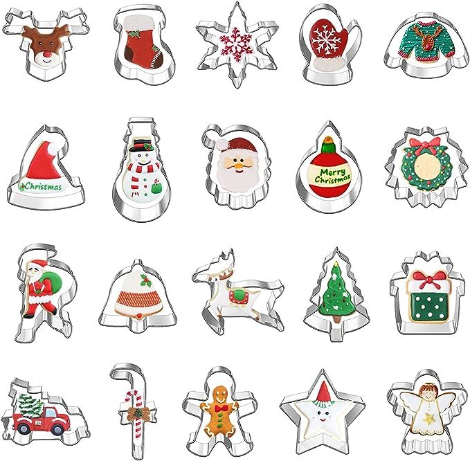 20 Pcs Christmas Cookie Cutters Set, Hibery Metal Holiday Cookie Cutters Christmas Tree Reindeer ... | Amazon (US)
