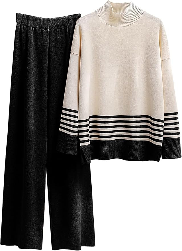 Women's 2 Piece Outfits Knitted Pullover Sweater Tops Wide Leg Pants Lounge Sets Tracksuits | Amazon (US)