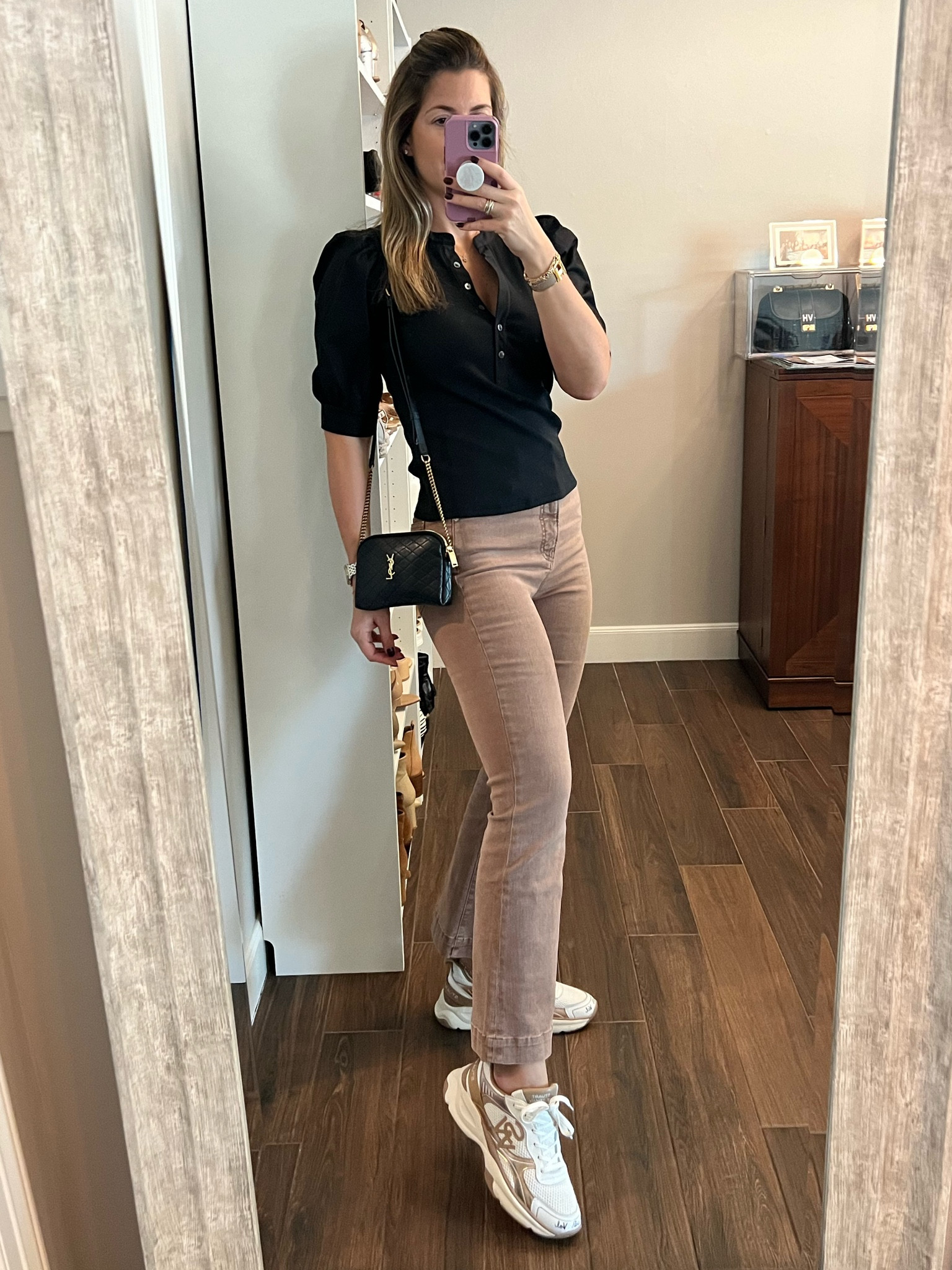 Another neutral yet chic look. The fit on these jeans are 🙌🏼 I had to size up. Shirt runs TTS. Wearing a small. Comes in other colors and available in sizes XXS-3X. The sneakers are insanely comfortable. They run small so size up. Whole sizes only.

#LTKShoeCrush #LTKOver40 #LTKItBag