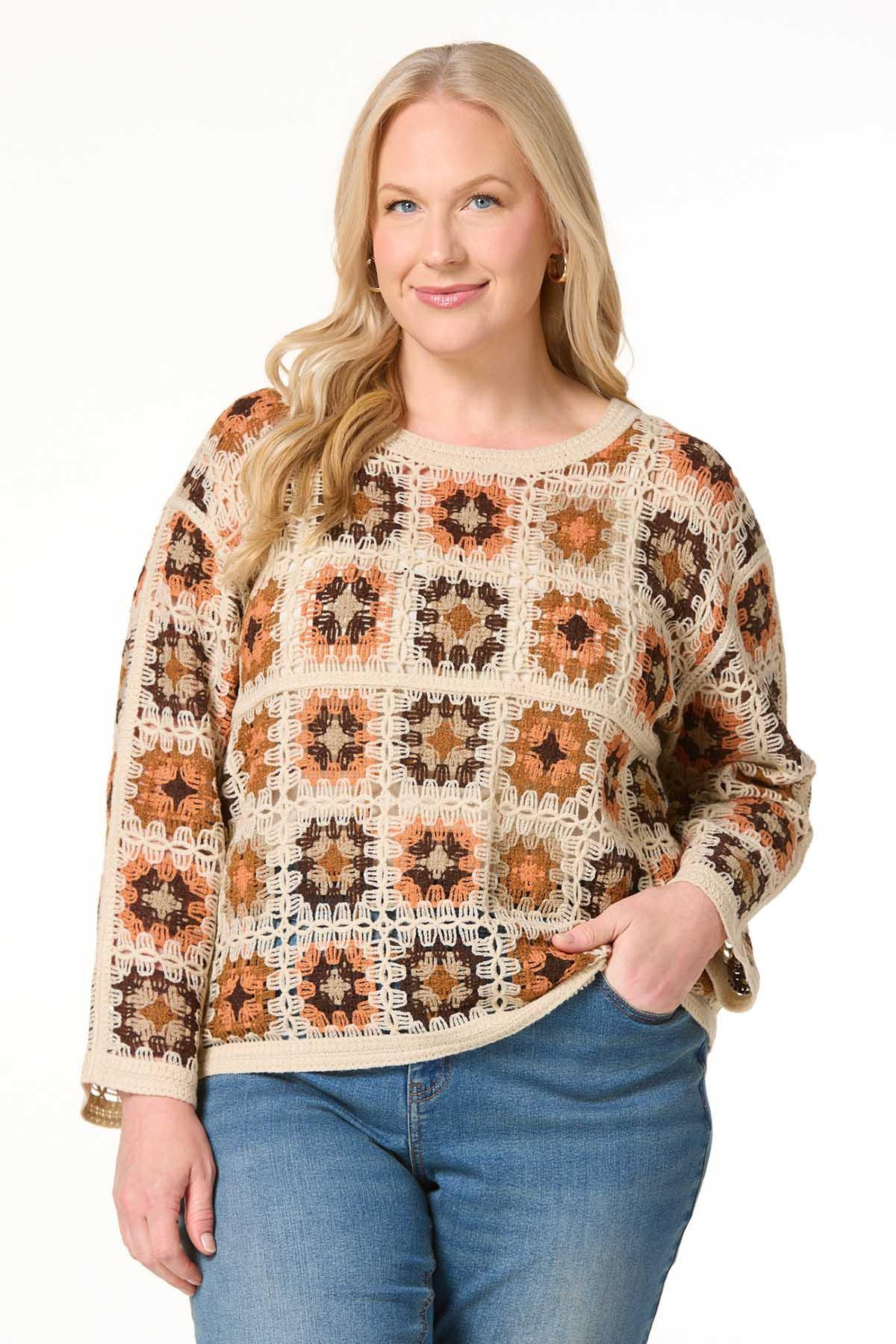 Plus Size Crochet Floral Patchwork Sweater | Cato Fashions