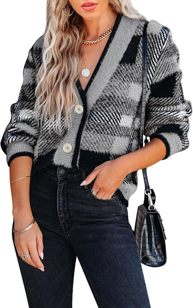 Imily Bela Womens Cardigan Sweaters Plaid Fuzzy Knit V Neck Button Down Long Sleeve Cozy Cardigan... | Amazon (US)