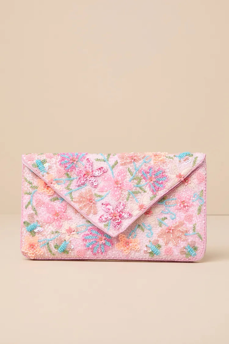 Beautiful Aspirations Pink Floral Sequin Beaded Clutch | Lulus