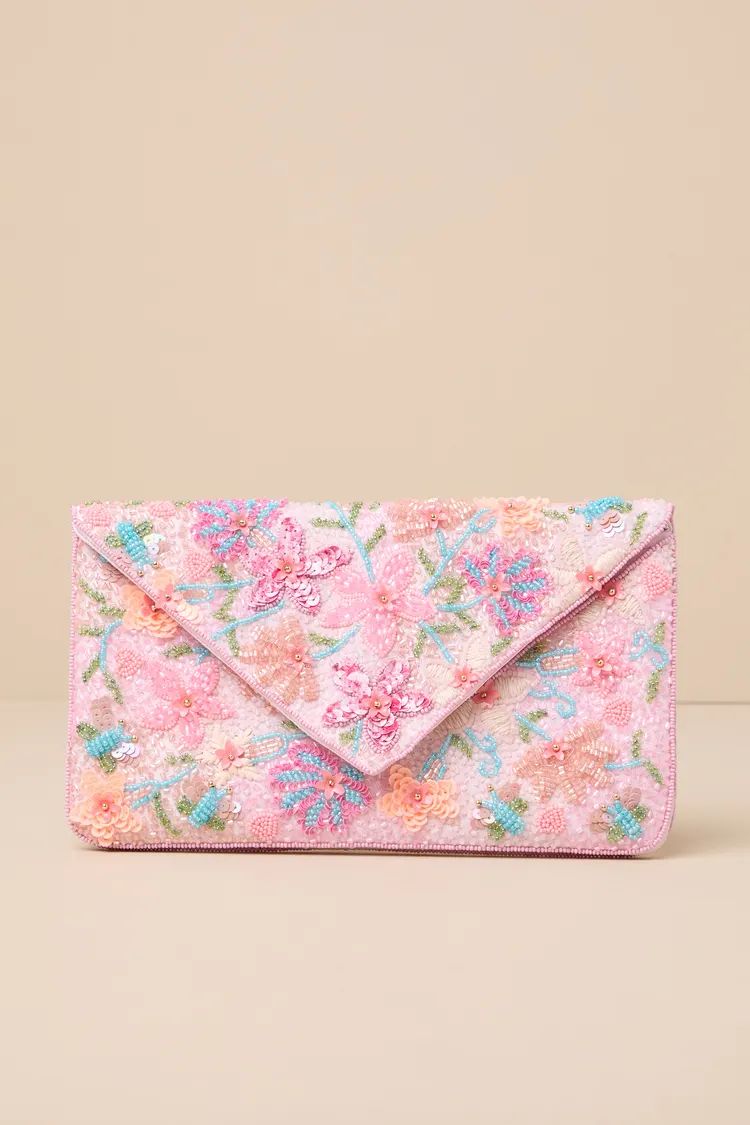 Beautiful Aspirations Pink Floral Sequin Beaded Clutch | Lulus