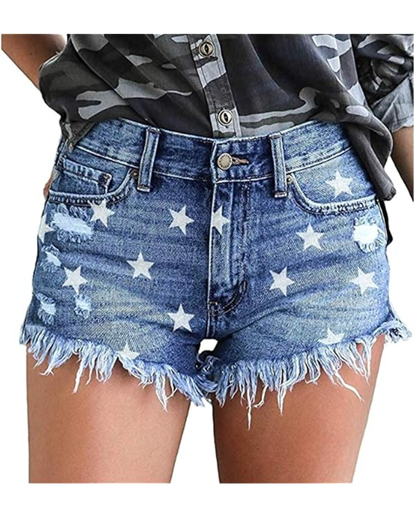 onlypuff Women's Ripped Mid Waisted Denim Shorts with Pockets | Amazon (US)