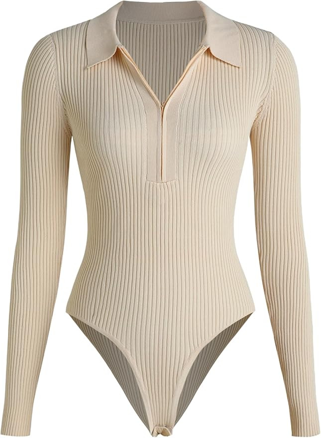 CIDER Women's Solid Rib Zip Up Collar Knitted Bodysuit | Amazon (US)