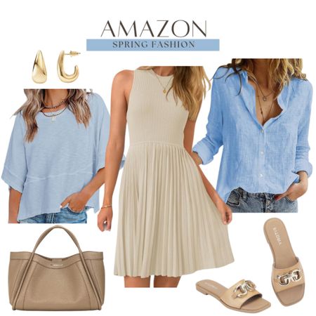 Amazon spring fashion includes neutral dress, basic tee, button up top, handbag, slide shoes, gold earrings.

Spring fashion, summer outfit, Amazon finds, looks for less

#LTKworkwear #LTKstyletip #LTKfindsunder100