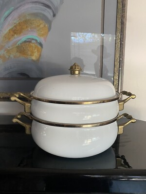 Enamel cast iron steamer pot with copper handles 3 pc white 10 inch | eBay US