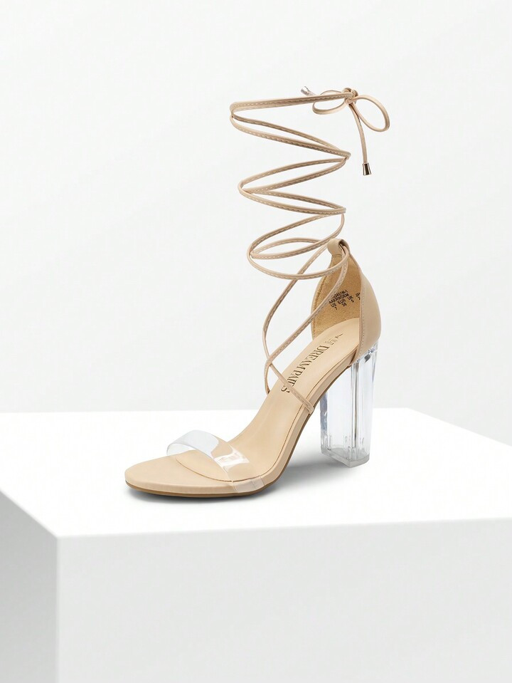 Women Tie Leg Design High Heeled Sandals, Clear Chunky Heeled Sandals With Open Toe, Glamorous St... | SHEIN