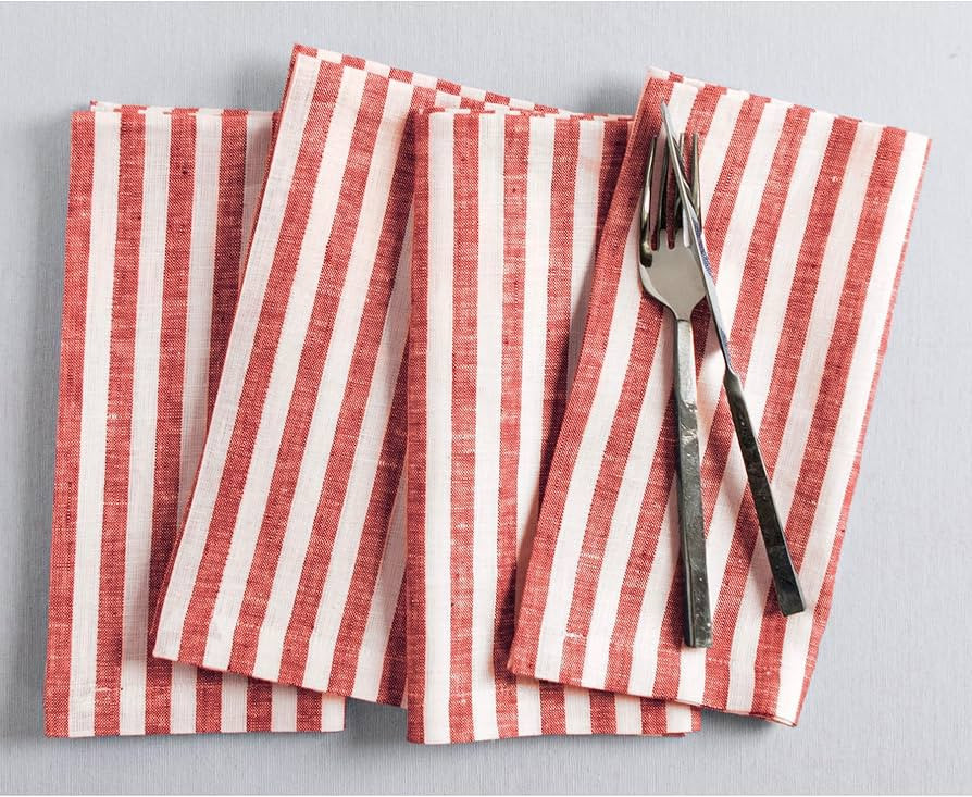 Solino Home Linen Napkins Set of 4-100% Pure Linen Amalfi Stripe Red and White Cloth Dinner Napki... | Amazon (US)