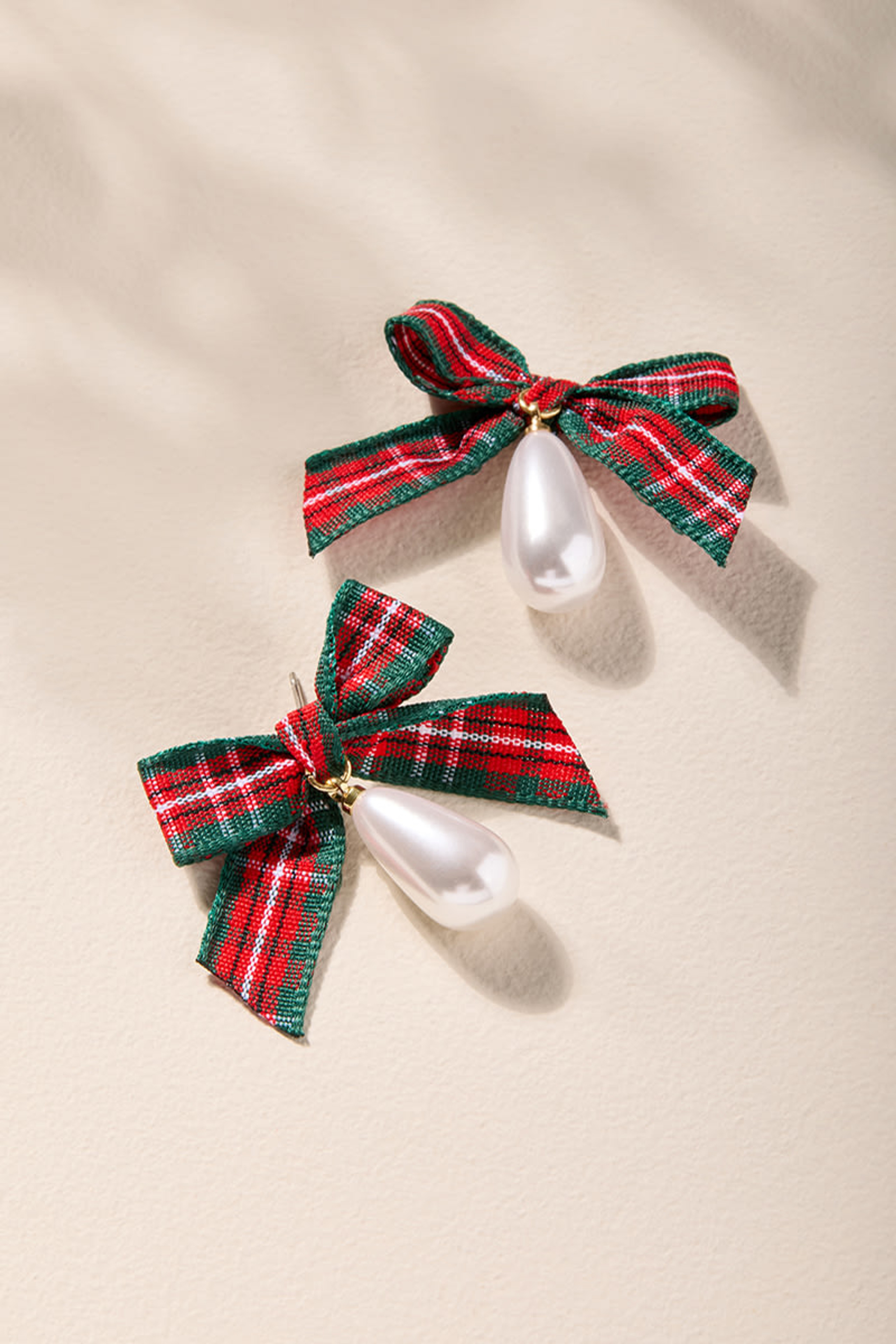 Mia Plaid Bow Pearl Drop Earrings | Francesca's