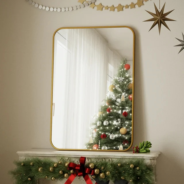 BEAUTYPEAK 24"x36" Wall Mirror Rounded Corners Hanging Vanity Mirror Gold - Walmart.com | Walmart (US)