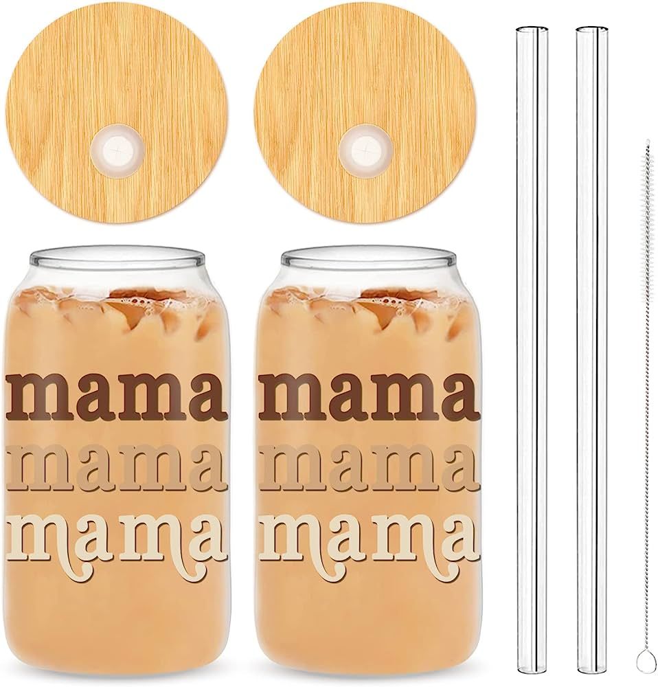 Whaline Gifts for Mother from Daughter Boho Mama Drinking Glasses with Bamboo Lids and Straw 2Pcs... | Amazon (US)