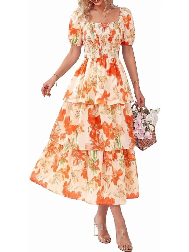 BTFBM Womens Square Neck Smocked Dress Summer Puff Short Sleeve Floral Casual Ruffle Tiered Maxi ... | Walmart (US)