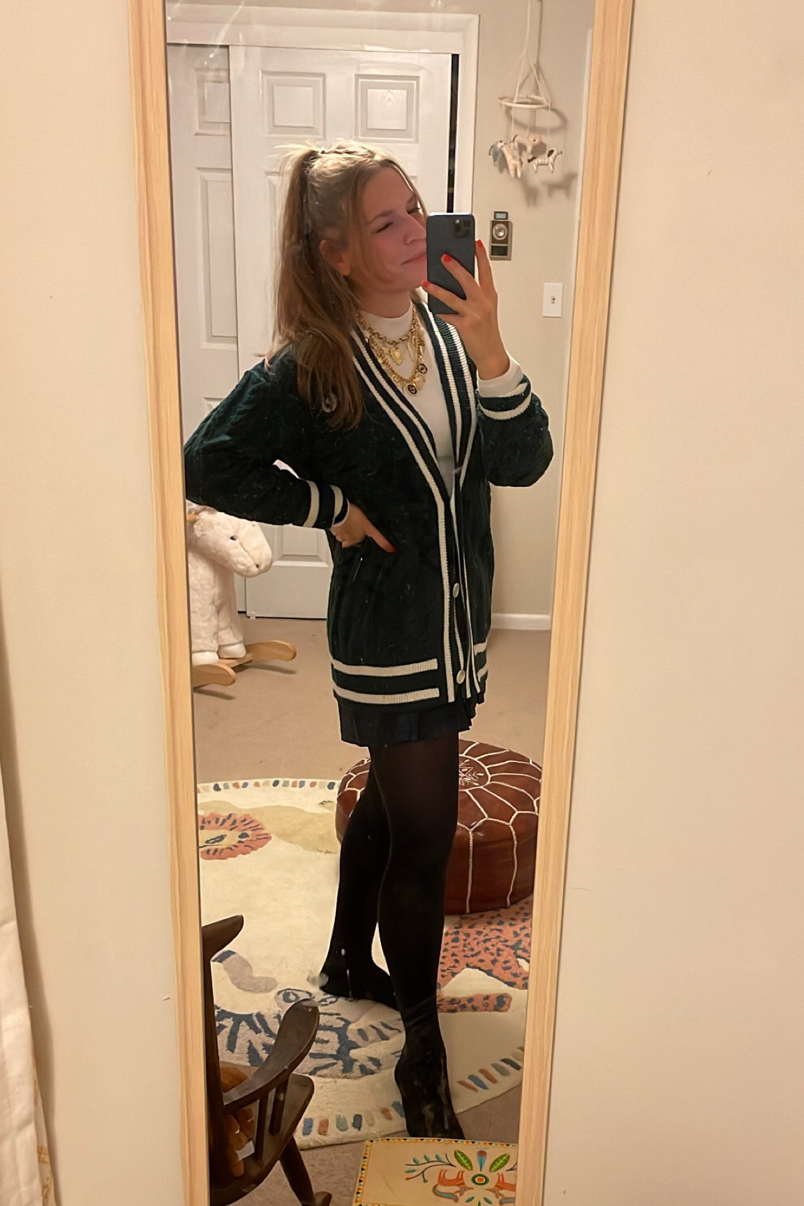 Preppy cardigan, plaid skirt, plaid skirt, holiday outfit, Christmas outfit, charm necklace, casual preppy