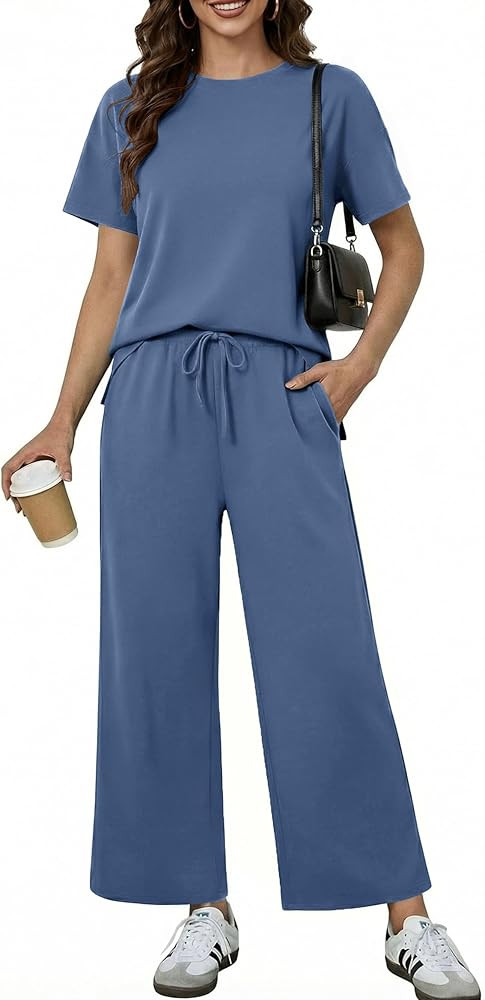 PINSPARK Soft 2 Piece Sets for Women Short Sleeve Matching Lounge Set Wide Leg Pants Tracksuit Tr... | Amazon (US)