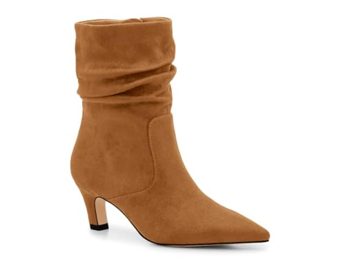 Coutgo Women's Slouchy Ankle Boots Low Kitten Heel Pointed Toe Booties Side Zipper Fall Shoes, Brown, Size 8.5 | Amazon (US)