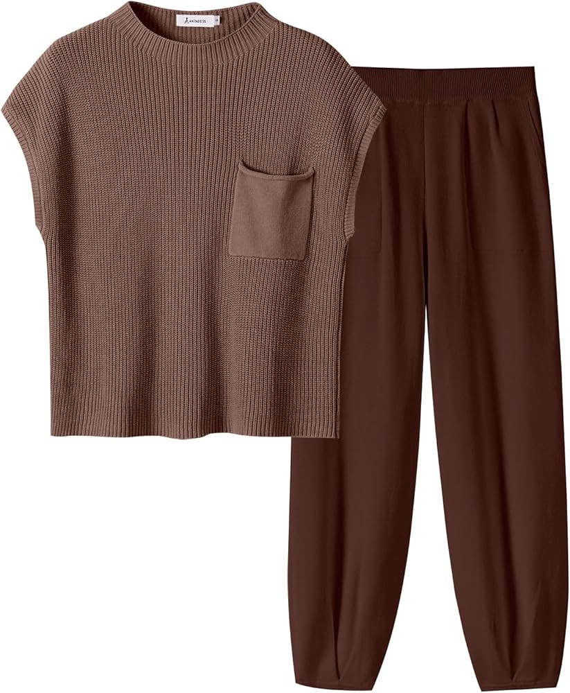 ANRABESS Women's Two Piece Outfits Knit Sweater Pullover Crop Top & Pants Lounge Matching Tracksu... | Amazon (US)
