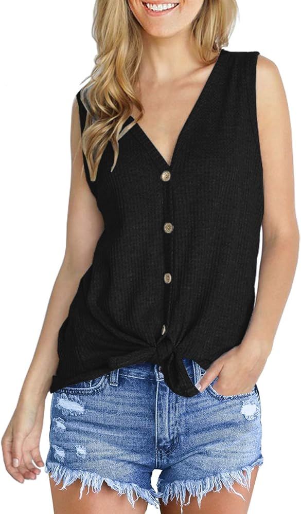 Womens Waffle Knit Tunic Blouse Tie Knot Henley Tops Loose Fitting Plain Shirts | Amazon (US)