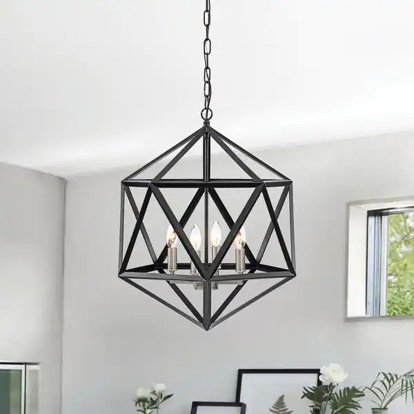 Matte Black 4-Light Geometric Cage Chandelier with Brushed Nickel Sleeves - Bed Bath & Beyond - 3... | Bed Bath & Beyond