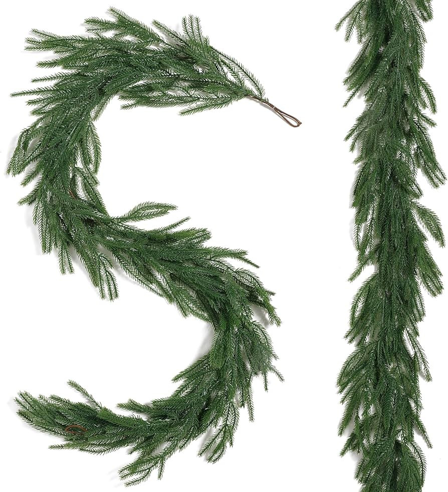 2 Pcs 6 FT Artificial Christmas Norfolk Pine Garlands, Real Touch Faux Winter Greenery Garland, R... | Amazon (US)