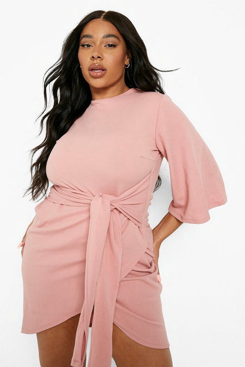 Plus Kimono Sleeve Tie Waist Wrap Dress | Boohoo.com (US & CA)