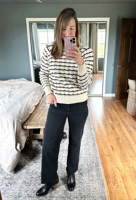 Rounded up some look a likes for this striped cable knit sweater I found at Meijer (which can’t be linked here). Still loving my wide leg black jeans too. Paired with black boots  

#LTKHolidaySale #LTKfindsunder50 #LTKshoecrush