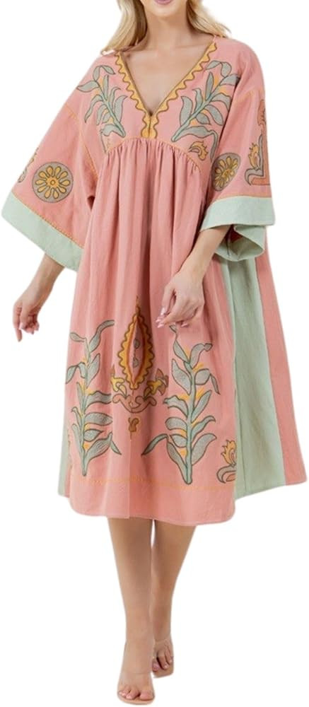 Womens Oversized Floral Embroidered Long Dress with V-Neck and 3/4 Sleeves Vintage Embroidery Bab... | Amazon (US)