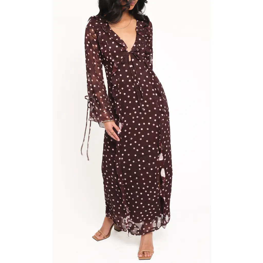 Petal & Pup Delta Polka Dot Plunge Neck Maxi Dress in Plum Polka Dot at Nordstrom, Size 2 | Nordstrom