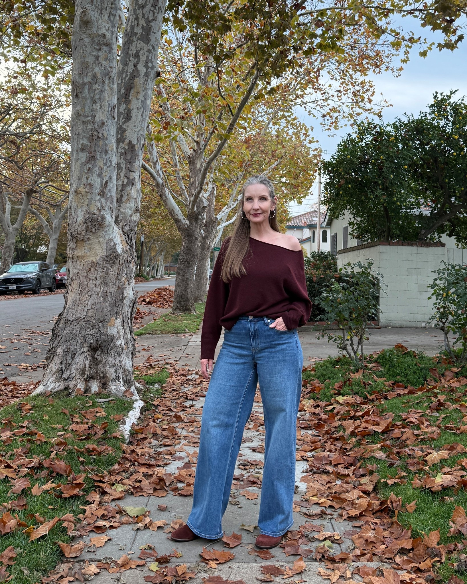 Burgundy for fall/winter!  All true to size. Cashmere sweater, wide leg jeans, suede booties.

#LTKOver40 #LTKMidsize #LTKHoliday