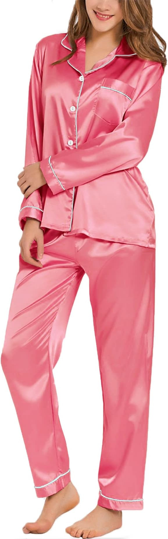 SWOMOG Womens Silk Satin Pajamas Set Long Sleeve Button Down Sleepwear 2 Piece Lounge Set Pj Set ... | Amazon (US)