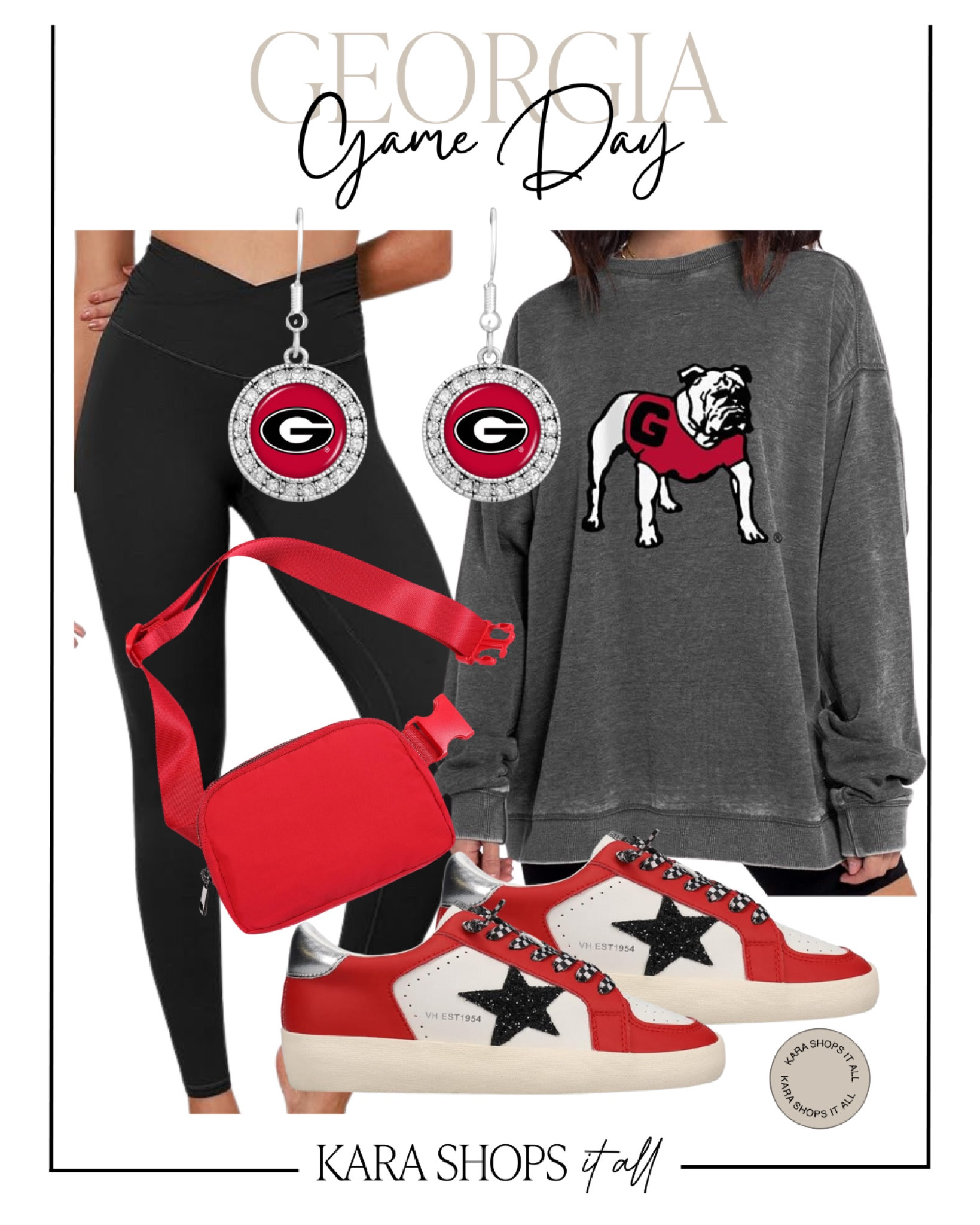 Georgia game day outfit! Crewneck, red belt bag, red and black sneakers, leggings, and earrings! #Amazon 

#LTKFallSale #LTKStyleTip #LTKSaleAlert