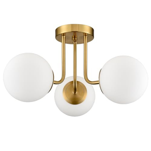 SHAWNKEY Modern Brass Gold 3-Light Ceiling Light with Globe White Glass Shade Semi Flush Mount Ceiling Light for Living Room Hallway Sputnik Chandelier Lighting Fixture | Amazon (US)