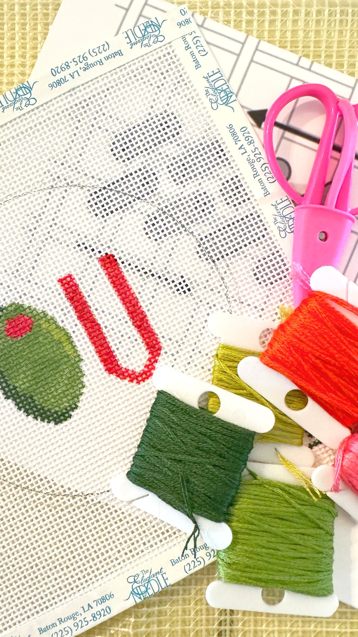 All the things you need to start needlepointing! Grab your painted canvases at a local needle point store or paint your own using the canvas I linked! #needlepoint 