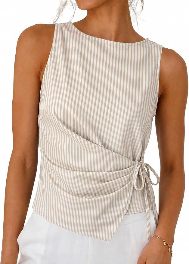 Womens Linen Cotton Crop Tank Tops Tie Wrap Sleeveless Ruched Boat Neck Shirts Casual Summer Beac... | Amazon (US)