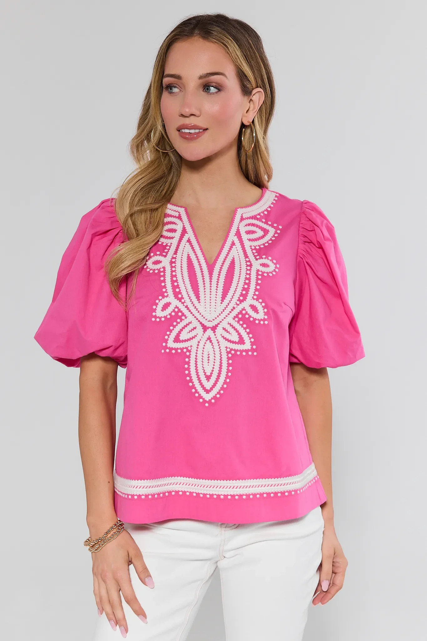 Roxanne Pink Embroidered Puff Sleeve Top | Avara
