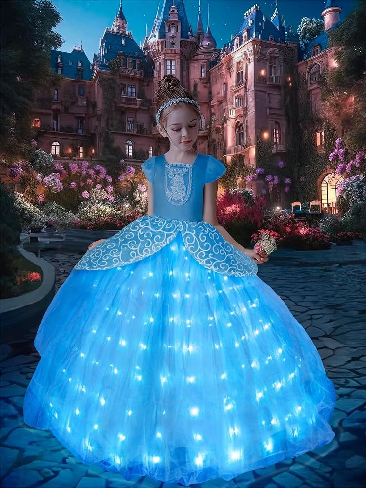 Light Up Princess Dress Girls Halloween Costume Toddler Blue Princess Dress Up Kids Outfit Vestit... | Amazon (US)