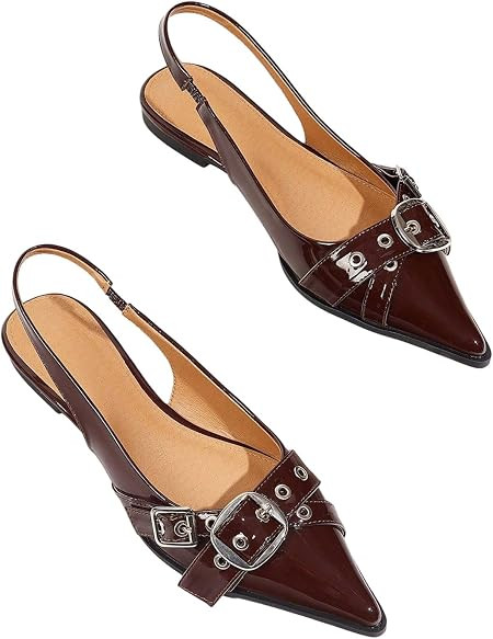 BEAUDRM Women's Slingback Flats Pointed Toe Low Heel Flat Shoes Metal Buckle Leather Ballet Flats... | Amazon (US)