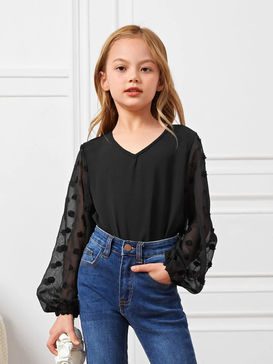 SHEIN Girls Swiss Dot Bishop Sleeve Blouse
   
      SKU: sk2110260272380318
          (100+ Revi... | SHEIN