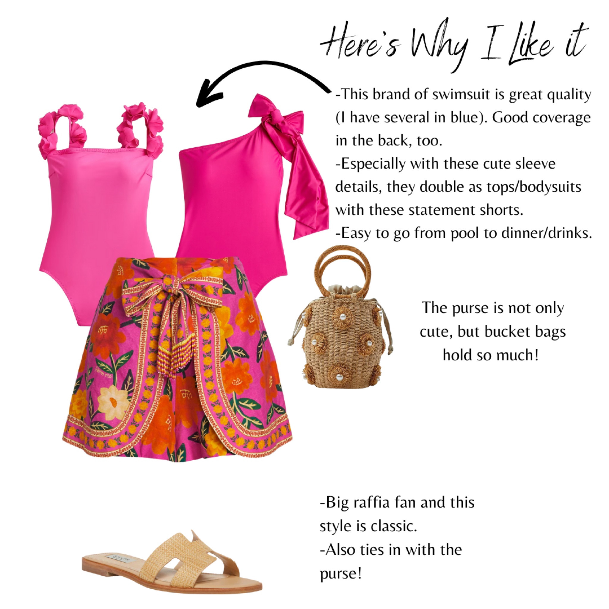 Can you imagine these sunset colors *at* sunset? I’d wear this all day long.  The quality of these swimsuits really does hold up.  The sleeve detail makes a great bodysuit double and I love bucket bags lately.  I have one (…also raffia looking.  All my purses are). It’s incredibly roomy and the price on the purse is lower than I’d expect for how nice it looks. If a resort, beach, or pool trip is in your future, which one (or combo) of these pieces would you wear?


#LTKtravel #LTKswim #LTKSale