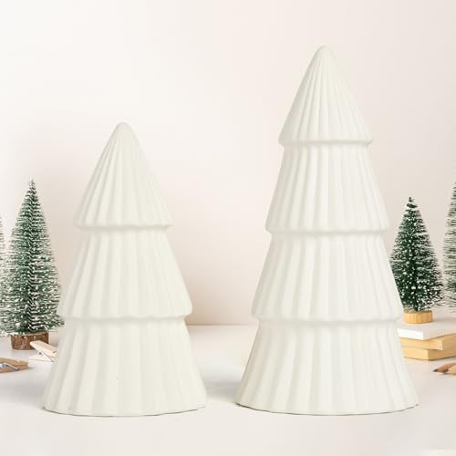 White Ceramic Christmas Tree, Porcelain Christmas Tree Table Decorations Farmhouse Christmas Decor Trees for Tabletop Winter Mantle Shelf Dinner Holiday Party Supplies Set of 2 (White) | Amazon (US)