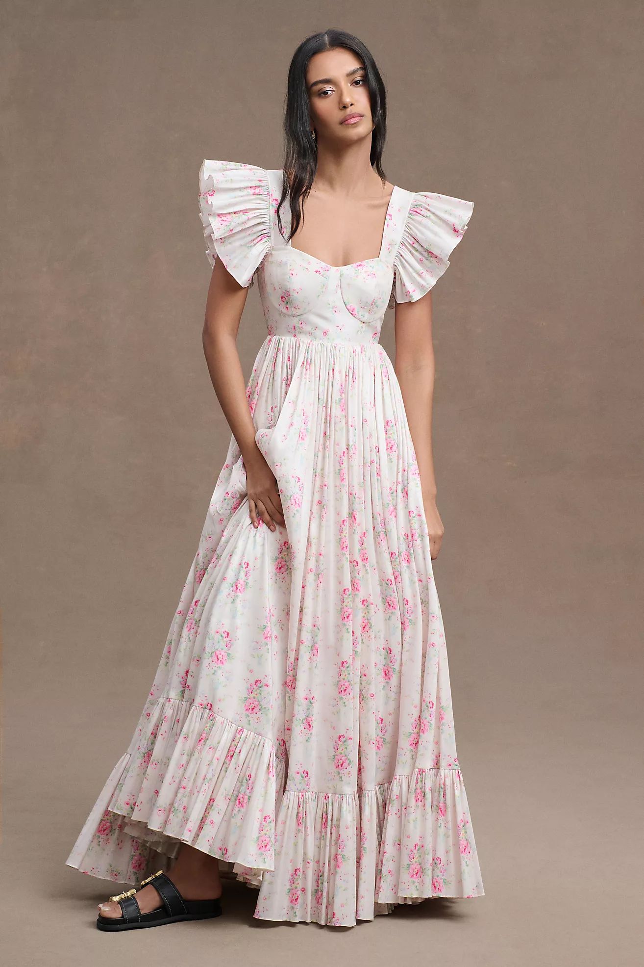 Maison Amory French Chateau Floral Flutter-Sleeve Gown | Anthropologie (US)