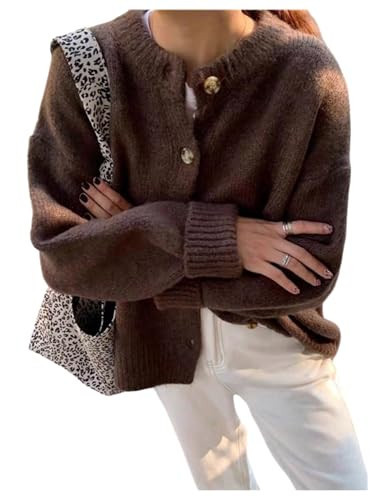 BEAUDRM Women's Vintage Button Down Cardigan Sweaters Long Sleeve Loose Trendy Knit Cardigans Brown X-Large | Amazon (US)