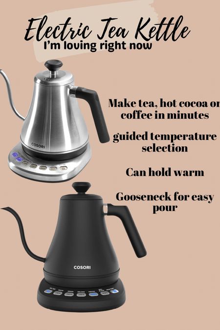 Obsessed with this electric tea kettle! Makes a great cup of tea, hot chocolate or coffee in minutes. Has a hold warm option and buttons to determine temperature depending on what is being made. It’s a great gift and kitchen must have! Amazon find • appliance • coffee accessories • tea • Amazon home 

#LTKSeasonal #LTKfindsunder100 #LTKhome