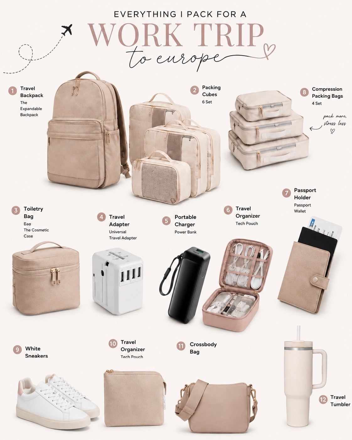 ✈️ Everything I pack for a work trip to Europe 🤍

These are my travel essentials for staying organized, comfortable, and carry-on ready. From packing cubes and a travel backpack to my favorite passport holder, charger, and white sneakers—these are the items that make travel so much easier.

Saving this for my Austria trip 🇦🇹✨

#TravelEssentials #EuropeTravel #WorkTrip #TravelMustHaves #CarryOnOnly #PackingTips #TravelStyle #TravelFavorites #AirportOutfit #TravelOrganization

#LTKdayinmylife #LTKSeasonal #LTKgrwm